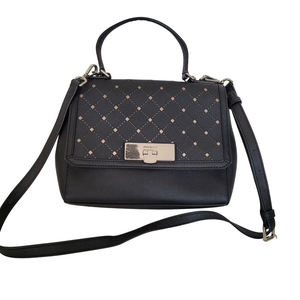 Michael Kors Black Saffiano Leather Perforated Flap Crossbody Handbag Medium
